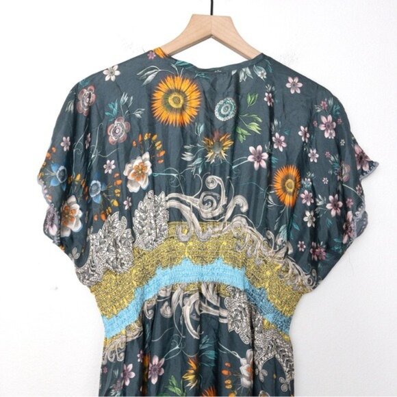 NWT Johnny Was Baize Silk Maxi Floral Dress S Multi Slip Vneck Smocked Slit - Picture 12 of 13